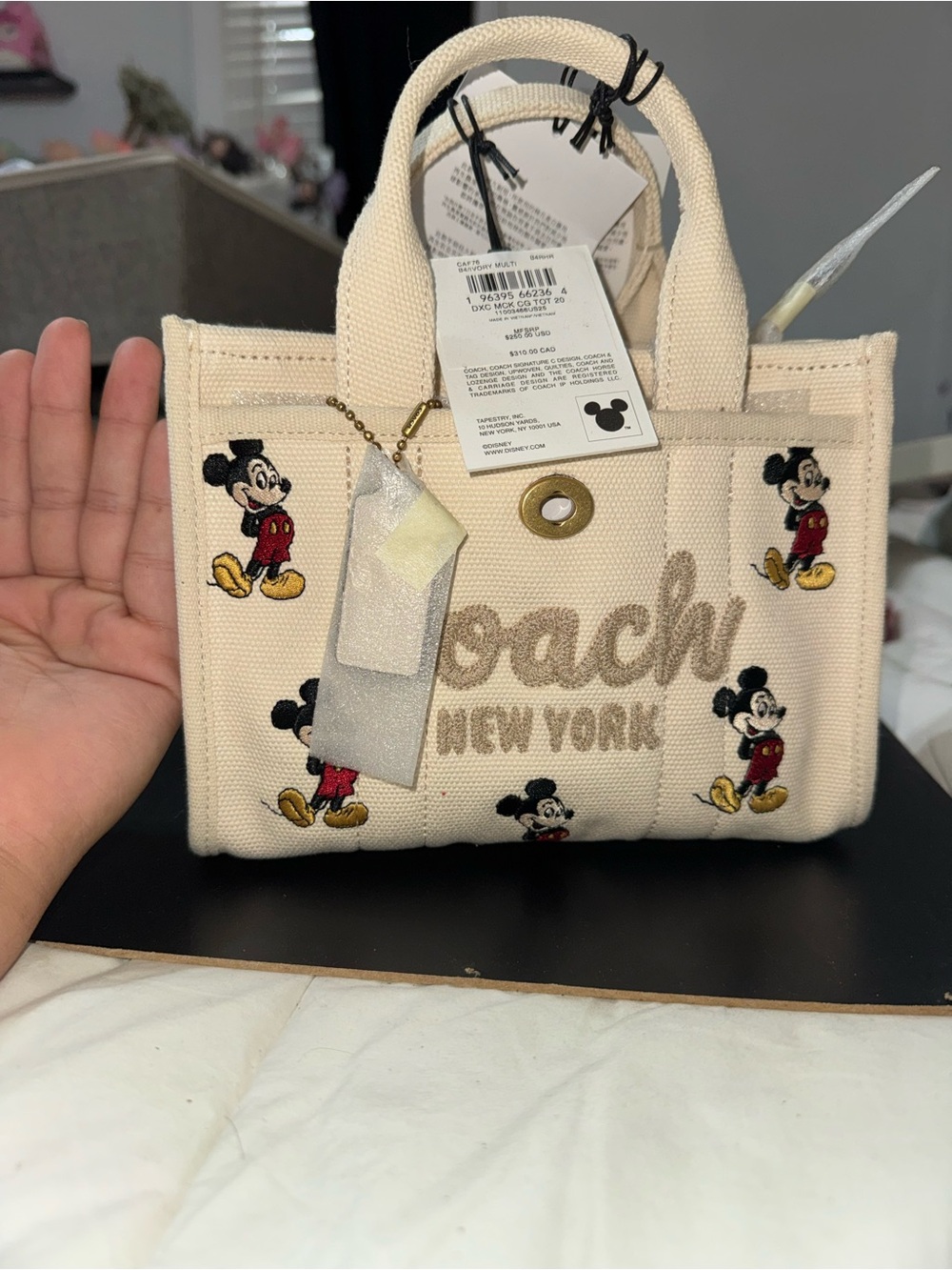 Coach Cream Canvas Mini Tote with Mickey Embroidery